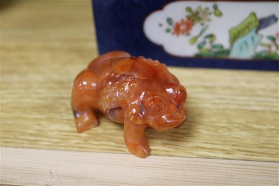 A Samson powder blue ground box and various Chinese hardstone carvings